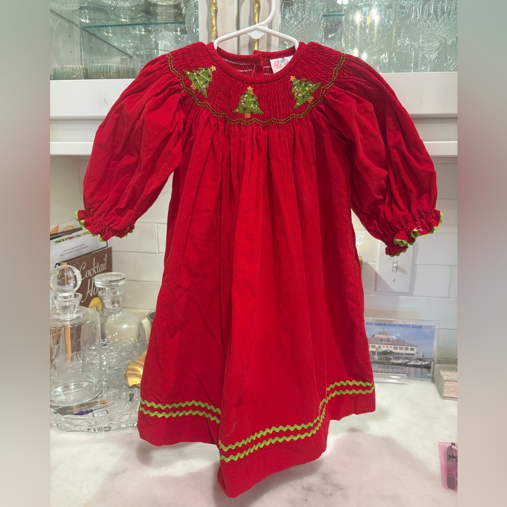Red Corduroy Smocked Dress with Christmas Tree Embroidery and Green RicRac trim